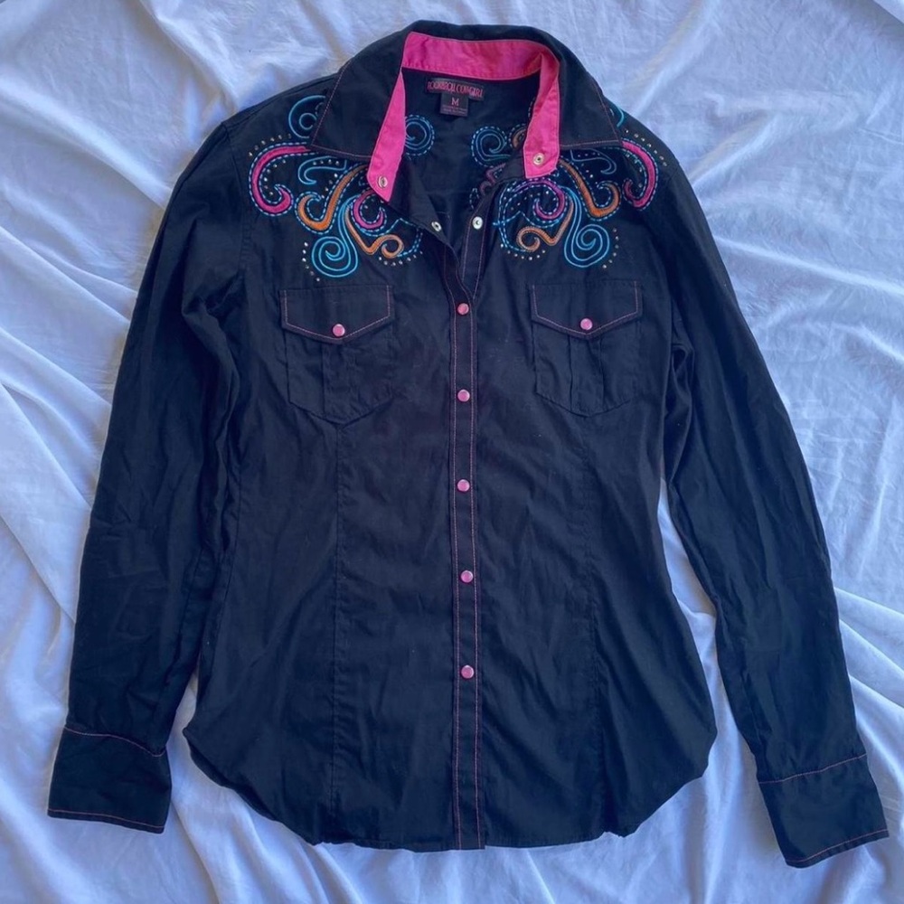 Rock & Roll Cowgirl Black Shirt with Hot Pink Trim and Turquoise Embroidery
